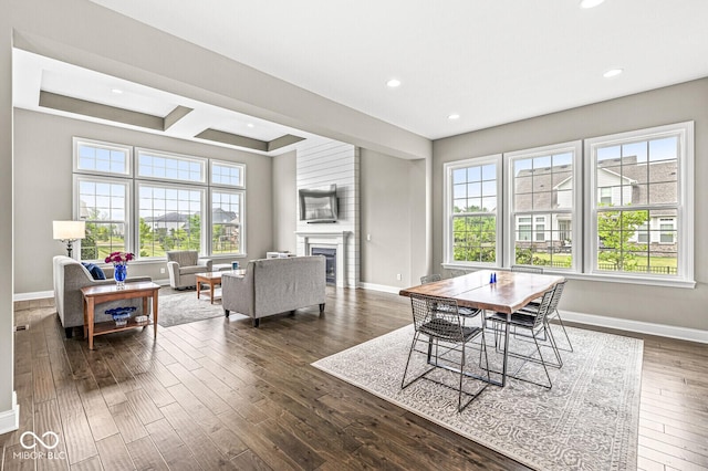14293 Dufton Ct, Carmel, IN 46074 - dining area featuring healthy amount of natural light, dark wood finished floors, a glass covered fireplace, and recessed lighting