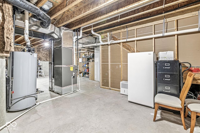 14293 Dufton Ct, Carmel, IN 46074 - unfinished basement with freestanding refrigerator, water heater, and heating unit