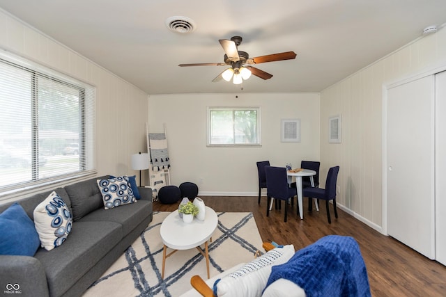 5702 E 17th St, Indianapolis, IN 46218 - living room with a ceiling fan and wood finished floors