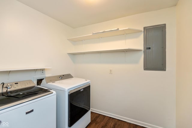 5702 E 17th St, Indianapolis, IN 46218 - laundry room with electric panel, washing machine and clothes dryer, and dark wood finished floors
