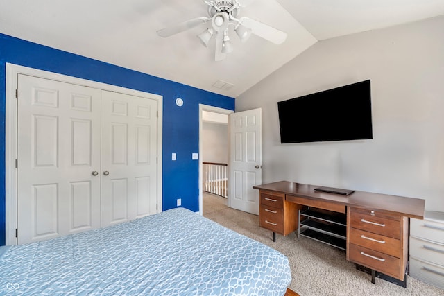 2847 Macintosh, Columbus, IN 47201 - bedroom featuring vaulted ceiling, light colored carpet, a closet, ceiling fan, and a desk