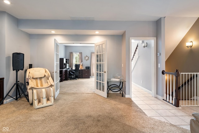 2847 Macintosh, Columbus, IN 47201 - living area with french doors, carpet floors, a desk, recessed lighting, and an upstairs landing