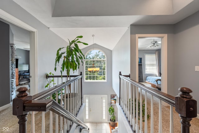2847 Macintosh, Columbus, IN 47201 - hall featuring an upstairs landing, lofted ceiling, and carpet