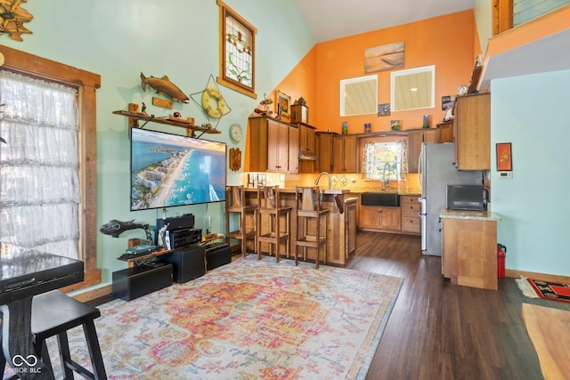 7437 Center Lake Rd, Nineveh, IN 46164 - kitchen with a high ceiling, brown cabinetry, plenty of natural light, dark wood-style floors, and a peninsula
