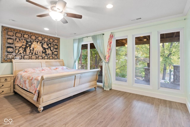 7437 Center Lake Rd, Nineveh, IN 46164 - bedroom featuring ornamental molding, light wood-style floors, recessed lighting, and ceiling fan