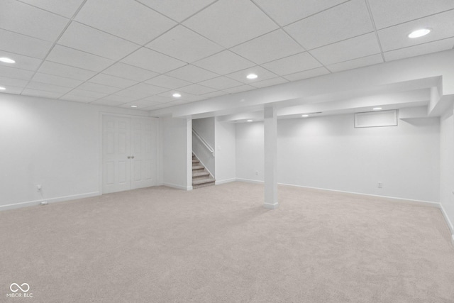 10792 Sawgrass Dr, Fishers, IN 46037 - finished basement with recessed lighting, light colored carpet, stairway, and a drop ceiling