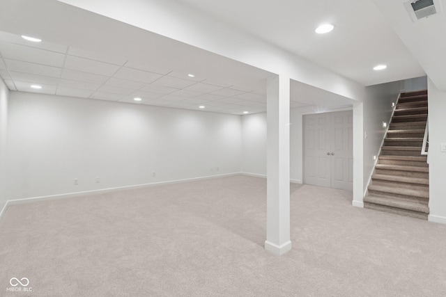 10792 Sawgrass Dr, Fishers, IN 46037 - finished below grade area with light colored carpet, stairway, and recessed lighting