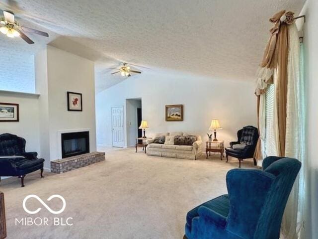 1042 W Oak Hill Xing, Crawfordsville, IN 47933 - living area with ceiling fan, carpet, healthy amount of natural light, a textured ceiling, and vaulted ceiling