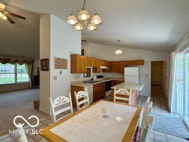1042 W Oak Hill Xing, Crawfordsville, IN 47933 - dining room featuring vaulted ceiling, a textured ceiling, ceiling fan, and a chandelier