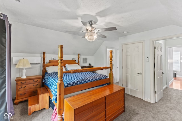 2232 N Park Ave, Indianapolis, IN 46205 - bedroom featuring vaulted ceiling, carpet floors, ceiling fan, and a textured ceiling