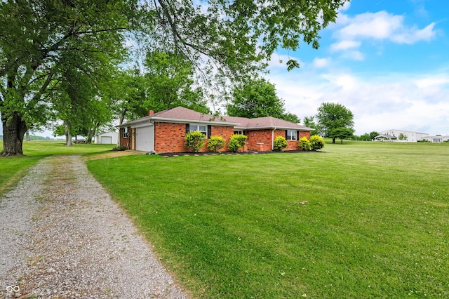 1620 W 300 S, Franklin, IN 46131 - ranch-style house with driveway, brick siding, a garage, a front lawn, and a chimney