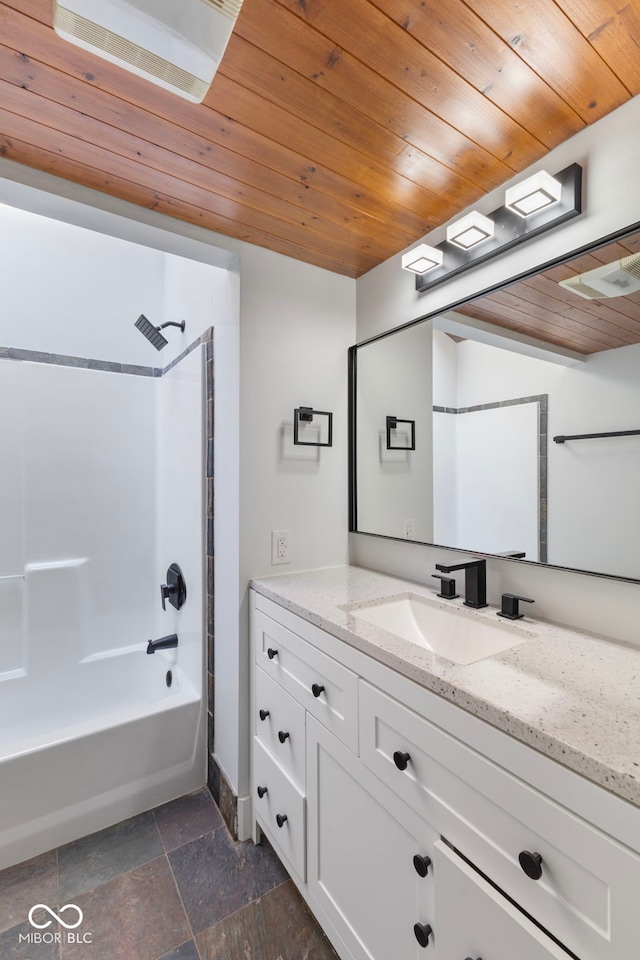 4622 S Franklin Rd, Indianapolis, IN 46239 - bathroom featuring wood ceiling, vanity, bathing tub / shower combination, and stone tile floors