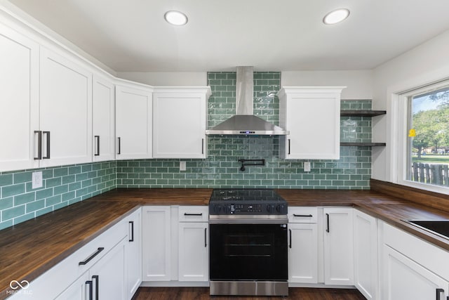 4622 S Franklin Rd, Indianapolis, IN 46239 - kitchen with wood counters, black electric range, wall chimney range hood, open shelves, and recessed lighting
