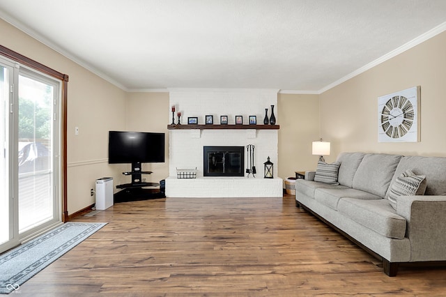 8413 Slippery Elm Ct, Indianapolis, IN 46227 - living room with ornamental molding, wood finished floors, and a fireplace