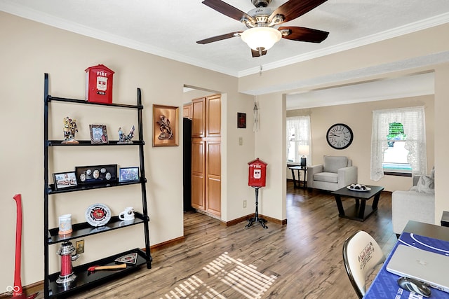 8413 Slippery Elm Ct, Indianapolis, IN 46227 - living room featuring wood finished floors, a ceiling fan, and ornamental molding
