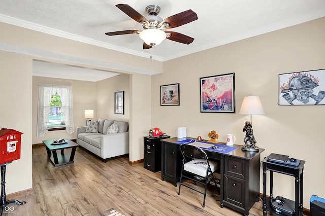 8413 Slippery Elm Ct, Indianapolis, IN 46227 - office with light wood-style floors, crown molding, and a ceiling fan