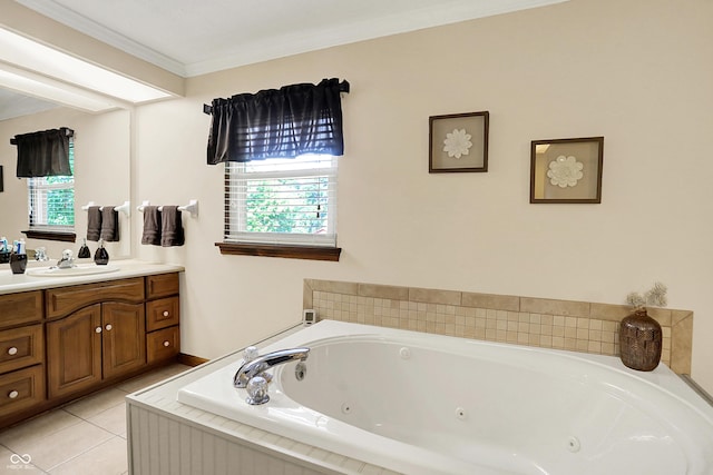 8413 Slippery Elm Ct, Indianapolis, IN 46227 - bathroom featuring vanity, a whirlpool tub, tile patterned flooring, and ornamental molding