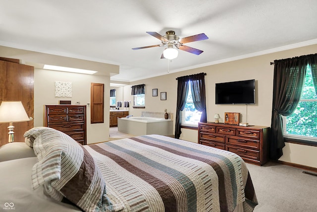 8413 Slippery Elm Ct, Indianapolis, IN 46227 - bedroom with multiple windows, light carpet, crown molding, and a ceiling fan