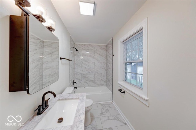 3725 Carson Ave, Indianapolis, IN 46227 - bathroom featuring marble look tiles, vanity, and shower / bath combination