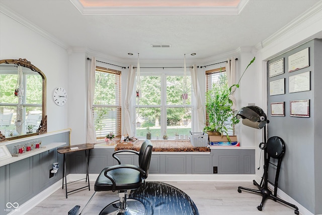 6136 Sandcherry Dr, Indianapolis, IN 46236 - office area featuring light wood-style floors, ornamental molding, and plenty of natural light