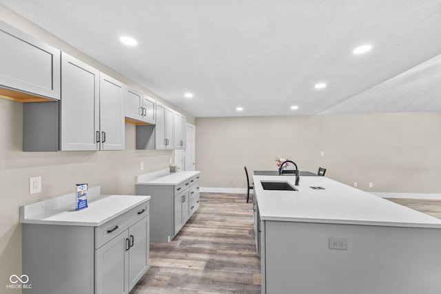 4359 N State Road 75th Hwy, North Salem, IN 46165 - kitchen featuring light wood finished floors, recessed lighting, a center island with sink, light countertops, and gray cabinetry