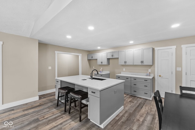 4359 N State Road 75th Hwy, North Salem, IN 46165 - kitchen with gray cabinets, wood finished floors, an island with sink, a kitchen bar, and recessed lighting