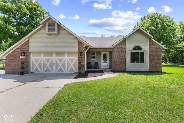 4359 N State Road 75th Hwy, North Salem, IN 46165 - view of front of house with concrete driveway, a front lawn, brick siding, covered porch, and an attached garage