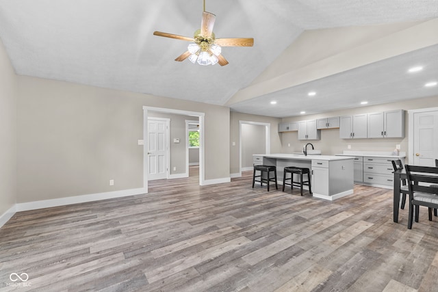 4359 N State Road 75th Hwy, North Salem, IN 46165 - kitchen featuring a kitchen island with sink, light countertops, a ceiling fan, recessed lighting, and light wood-style floors