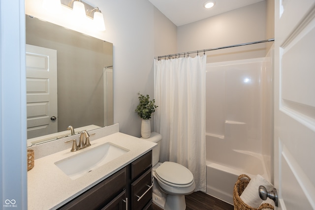 20141 Willenhall Way, Westfield, IN 46074 - bathroom with vanity, shower / bath combo, wood finished floors, and recessed lighting