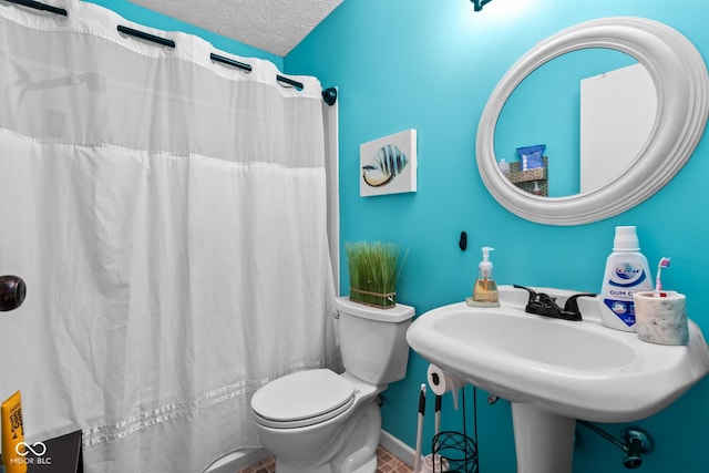296 Summit Ridge Dr, Greenwood, IN 46142 - bathroom with a shower with shower curtain, a textured ceiling, and tile patterned floors