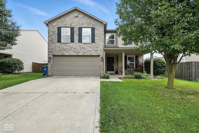 8147 Retreat Ln, Indianapolis, IN 46259 - traditional-style home with a porch, a garage, driveway, and brick siding
