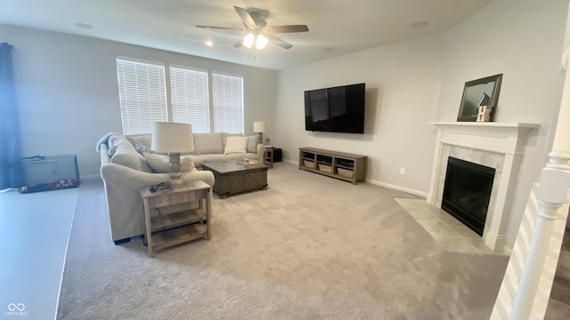 4081 Lotus St, Plainfield, IN 46168 - living area featuring ceiling fan, light colored carpet, and a high end fireplace