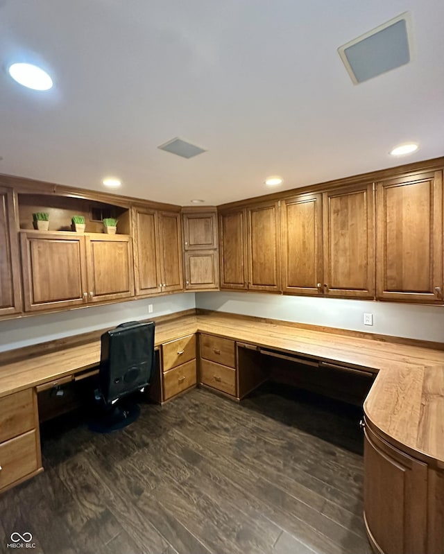 401 Dellwood Dr, Covington, IN 47932 - unfurnished office featuring built in desk, dark wood-type flooring, and recessed lighting