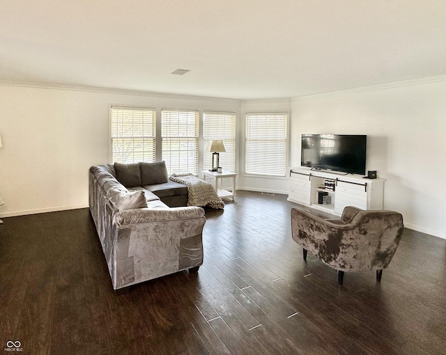 401 Dellwood Dr, Covington, IN 47932 - living room with crown molding and dark wood-style floors