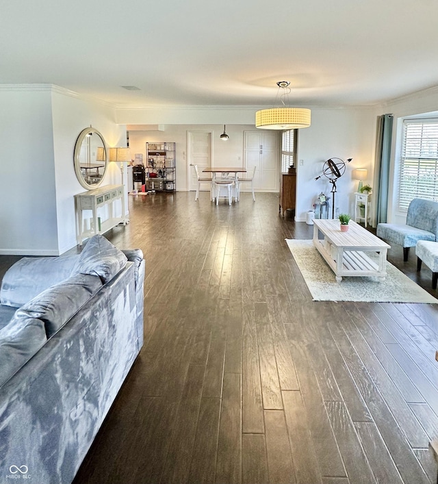 401 Dellwood Dr, Covington, IN 47932 - living room with ornamental molding and dark wood-style floors