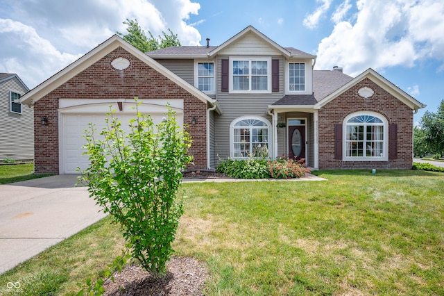 8365 Captain Dr, Avon, IN 46123 - traditional-style house with driveway, a front lawn, an attached garage, brick siding, and a shingled roof