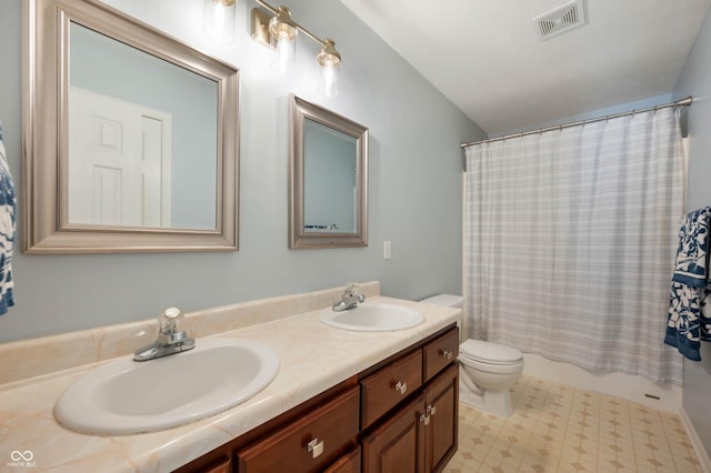 8365 Captain Dr, Avon, IN 46123 - full bathroom with double vanity, shower / bath combination with curtain, tile patterned floors, and lofted ceiling