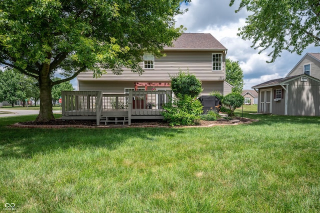 8365 Captain Dr, Avon, IN 46123 - rear view of property featuring a lawn, a wooden deck, and a storage unit