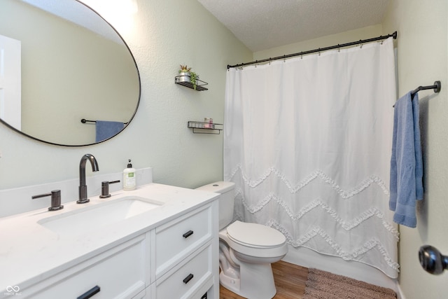 2082 Fiesbeck Dr, Columbus, IN 47201 - bathroom featuring vanity, wood finished floors, a textured ceiling, and curtained shower