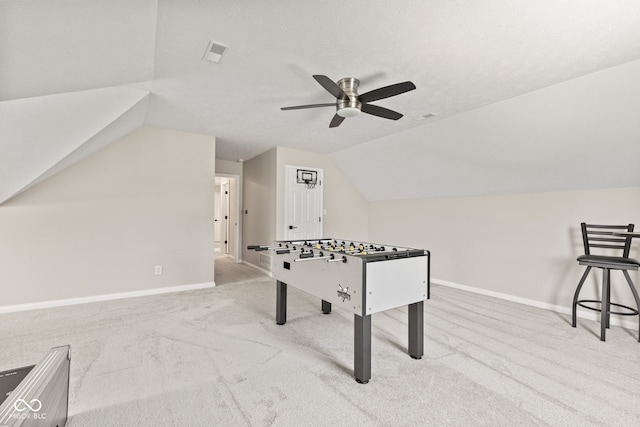 5910 Hickory Woods Dr, Plainfield, IN 46168 - playroom featuring carpet flooring, vaulted ceiling, and ceiling fan