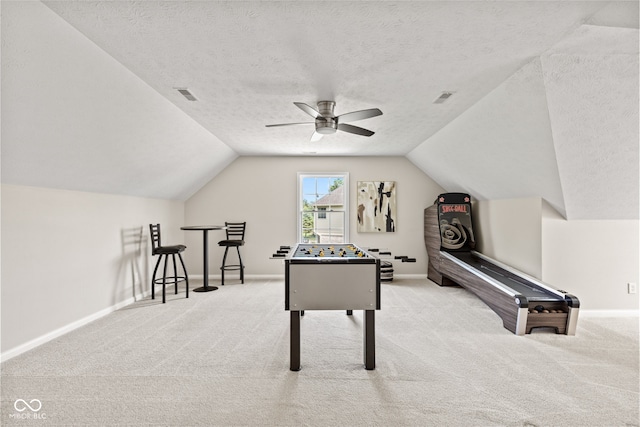 5910 Hickory Woods Dr, Plainfield, IN 46168 - game room with a ceiling fan, carpet floors, lofted ceiling, and a textured ceiling
