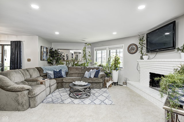 2206 Boston Ct Unit B, Indianapolis, IN 46228 - carpeted living area with recessed lighting and a brick fireplace