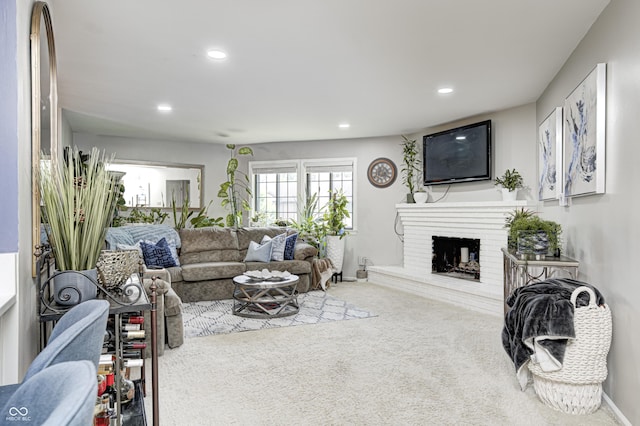 2206 Boston Ct Unit B, Indianapolis, IN 46228 - living area featuring carpet flooring, recessed lighting, and a brick fireplace