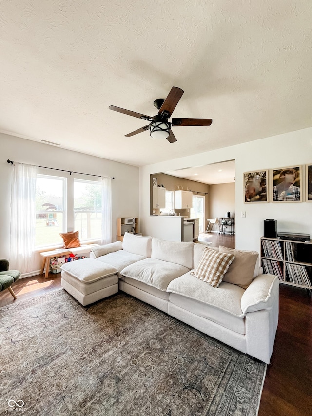 258 Center Ln, Crawfordsville, IN 47933 - living room with ceiling fan, plenty of natural light, a textured ceiling, and wood finished floors
