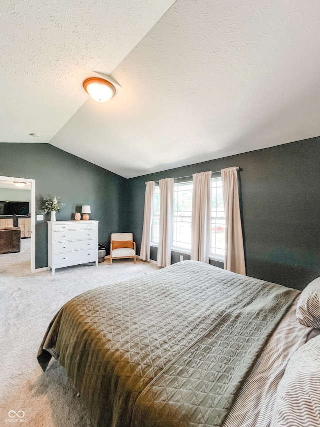 258 Center Ln, Crawfordsville, IN 47933 - bedroom featuring carpet flooring, vaulted ceiling, and a textured ceiling