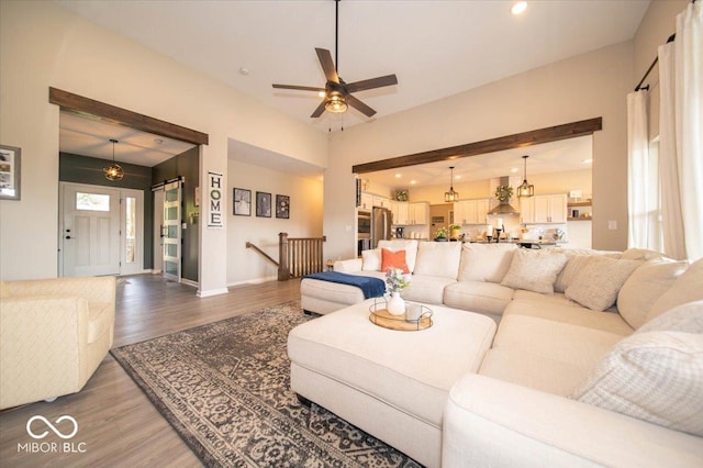 1615 N Blue Rd, Greenfield, IN 46140 - living room featuring ceiling fan, wood finished floors, and recessed lighting