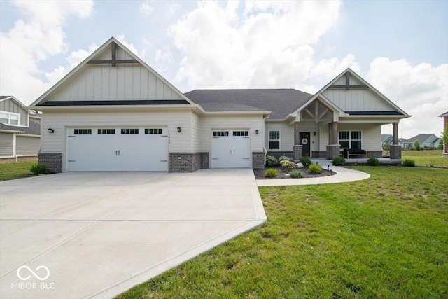 1615 N Blue Rd, Greenfield, IN 46140 - craftsman inspired home with board and batten siding, an attached garage, a front yard, brick siding, and concrete driveway