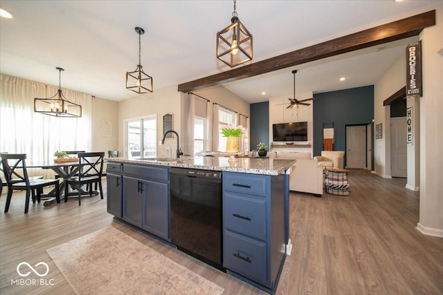 1615 N Blue Rd, Greenfield, IN 46140 - kitchen featuring black dishwasher, blue cabinets, wood finished floors, pendant lighting, and recessed lighting