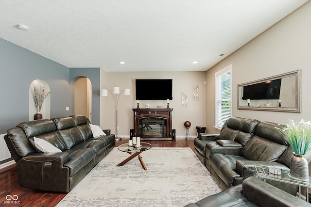 823 Colin Dr, Avon, IN 46123 - living room with dark wood-type flooring, arched walkways, a glass covered fireplace, and recessed lighting