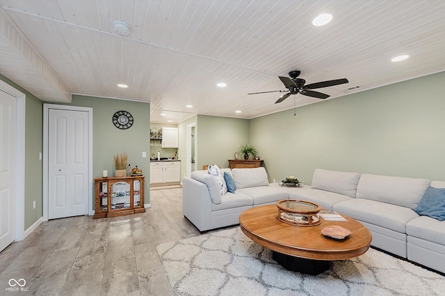 823 Colin Dr, Avon, IN 46123 - living room with recessed lighting, light wood-type flooring, a ceiling fan, and wood ceiling